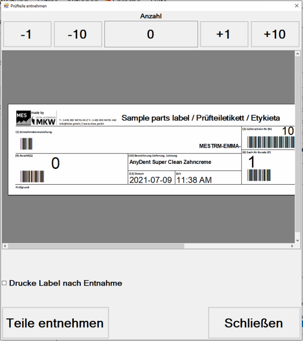 Prüfteile entnehmen