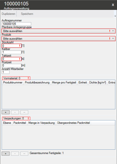 Eingabemaske neuer Auftrag